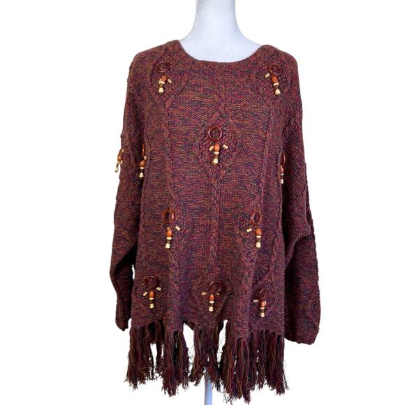 K.C. Creations Oversized Boho Artsy Tunic Sweater W Fringe Hem Rainbow Marled - Picture 2 of 16